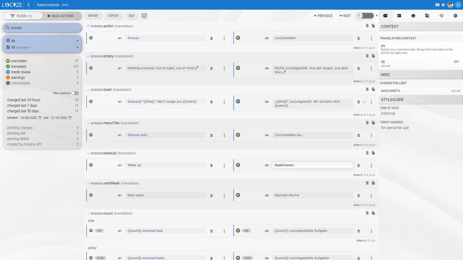 Click to view larger The German strings of the feature in the Locize editor after the review: each translation next to its English source, the agent's context sentence in the side panel, the toast still marked for review