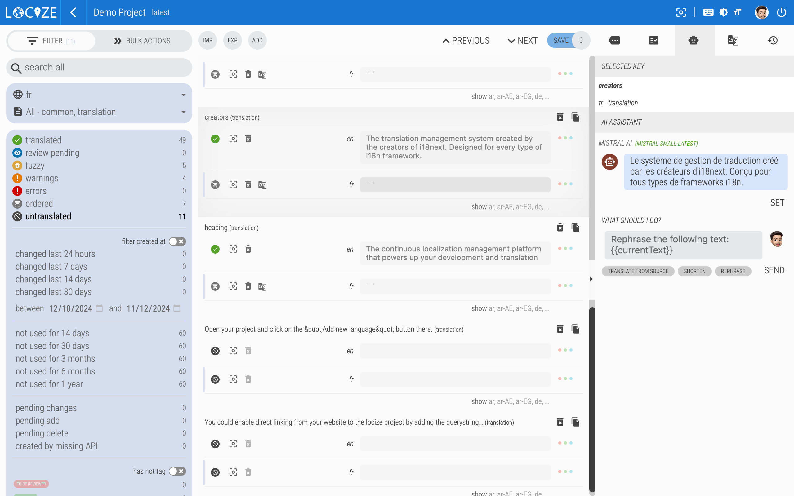 Click to view larger AI translation refinement in Locize